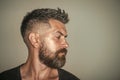 Barber shop. Hair style. Man with bearded face profile and stylish hair