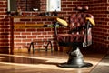 Retro leather chair barber shop in vintage style. Barbershop theme.