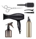 Barber shop. Hairdressing tools for hair stylist worker beauty dryer scissors machine for shaving vector realistic