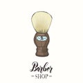 Barber Shop. Hand drawn color shaving brush in sketch style. Hand made lettering. Vector illustration Royalty Free Stock Photo
