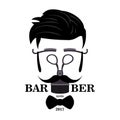 Barber Shop Hipster Silhouette Logo. Hairstyle Man with Mustache and Beard. Monochrome hairdresser icon. Razor, scissors mustache