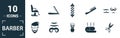 Barber Shop icon set. Include creative elements scissors, foam brush, straight razors cross, towel, mirror icons. Can be used for