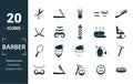 Barber Shop icon set. Include creative elements scissors, foam brush, straight razors cross, towel, mirror icons. Can be used for
