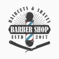 Barber Shop logo. Hairdressing salon template emblem with barber pole, straight razor and sunburst. Vector. Royalty Free Stock Photo