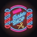 Barber shop logo with neon light effect. vector illustration