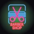 Barber shop logo with neon light effect. vector illustration