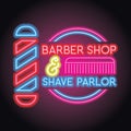 Barber shop logo with neon light effect. vector illustration