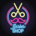 Barber shop logo with neon light effect. vector illustration