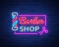 Barber shop logo neon sign, logo design elements. Can be used as a header or template for logos, labels, cards. Neon