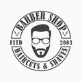 Barber Shop logo. Template emblem of Hairdressing salon with face man with beard and glasses, straight razor. Vector.