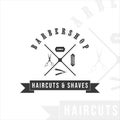 barber shop logo vintage vector illustration template icon graphic design. equipment salon scissors razor retro typography Royalty Free Stock Photo