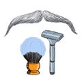 Razor, mustache, shaving brush