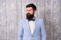 Barber shop offer range of packages for groom make his big day unforgettable. Guy well groomed bearded hipster wear