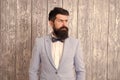 Barber shop offer range of packages for groom make his big day unforgettable. Guy well groomed bearded hipster wear