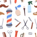 Barber shop pattern. Hairdresser seamless banner. Barber shop tools. Colored hairdresser tools background.