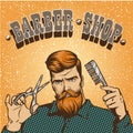 Barber shop poster vector illustration. Hipster stylist with scissors design in vintage pop art style