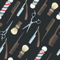 Barber Shop seamless pattern with colored Hand drawn razor, scissors, shaving brush, comb, classic barber shop Pole on black.