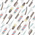 Barber Shop seamless pattern with colored Hand drawn razor, scissors, shaving brush,  comb, classic barber shop Pole on black. Royalty Free Stock Photo