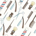 Barber Shop seamless pattern with colored Hand drawn razor, scissors, shaving brush,  comb, classic barber shop Pole on black. Royalty Free Stock Photo