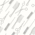 Barber Shop seamless pattern with doodle Hand drawn razor, scissors, shaving brush, comb, classic barber shop Pole. Sketch.