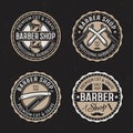 Barber shop set of vector round badges, emblems, labels or logos in vintage colored style isolated on dark background Royalty Free Stock Photo