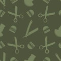 Barber shop tools vector seamless pattern background. Monochrome sage green backdrop with scissors, razor blades, comb