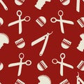 Barber shop tools vector seamless pattern background. White ochre red backdrop with scissors, razor blades, comb, brush