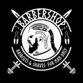 Barber Shop Viking Style, Isolated Vector Vintage Illustration. Bearded Viking Man Monochrome Silhouette. Emblem, Logo