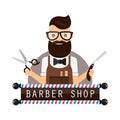 Barber shop vintage hipster flat vector illustration.