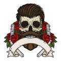 Barber Skull. Hipster skull with barber blade, roses and ribbon for your text. Illustration for barbershop