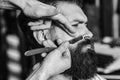 Barber with straight razor shaving bearded man. Hairstylist serving client. Barber shop. Vintage barber razor