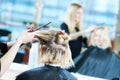 Barber or stylist at work. Hairdresser cutting woman hair Royalty Free Stock Photo