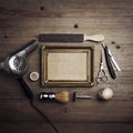 Barber tools with kraft canvas in a frame Royalty Free Stock Photo