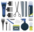 Barber tools vector set. Illustration of different razors, clippers, combs, styling spray. Royalty Free Stock Photo