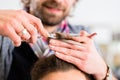 Barber trimming man hair in haircutter shop