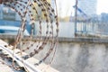 Barbered wire over a blue sky and on building ground, rusty Royalty Free Stock Photo