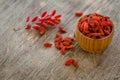 Barberries and goji berries on wooden background