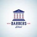 Barbers School Abstract Vector Sign, Emblem or Logo Template. Education Building with Columns out of Poles and Scissors Royalty Free Stock Photo