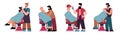 Barbers shaving clients in barbershop, cartoon vector illustrations isolated.