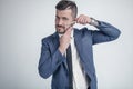 Barbershop advertising concept. Businessman with serious face isolated on white background. Man with beard holds razor. Macho in Royalty Free Stock Photo