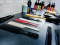 A set of tools for a men's barbershop, narrow and wide combs for hairdressing Royalty Free Stock Photo