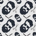 Barbershop background, seamless pattern with hairdressing scissors, razor and hipster face. Vector illustration