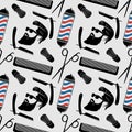 Barbershop background, seamless pattern with hairdressing scissors, shaving brush, razor, comb, hipster face and barber pole. Royalty Free Stock Photo