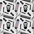 Barbershop background, seamless pattern with hairdressing scissors, shaving brush, razor, comb, hipster face and barber pole. Royalty Free Stock Photo