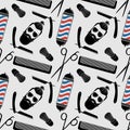 Barbershop background, seamless pattern with hairdressing scissors, shaving brush, razor, comb, hipster face and barber pole. Royalty Free Stock Photo