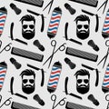 Barbershop background, seamless pattern with hairdressing scissors, shaving brush, razor, comb, hipster face and barber pole. Royalty Free Stock Photo