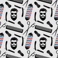 Barbershop background, seamless pattern with hairdressing scissors, shaving brush, razor, comb, hipster face and barber pole. Royalty Free Stock Photo