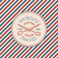 Barbershop badge label logo. Pole emblem. Scissors for signboard Haircut of beard and mustache. Engraved hand drawn in