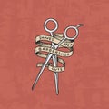 Barbershop badge label logo. Scissors emblem for signboard Haircut of beard and mustache. Engraved hand drawn in old