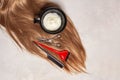 Barbershop and beauty salon concept. Long ginger hair, scissors, comb and hair dye, hairdresser tools equipment Royalty Free Stock Photo